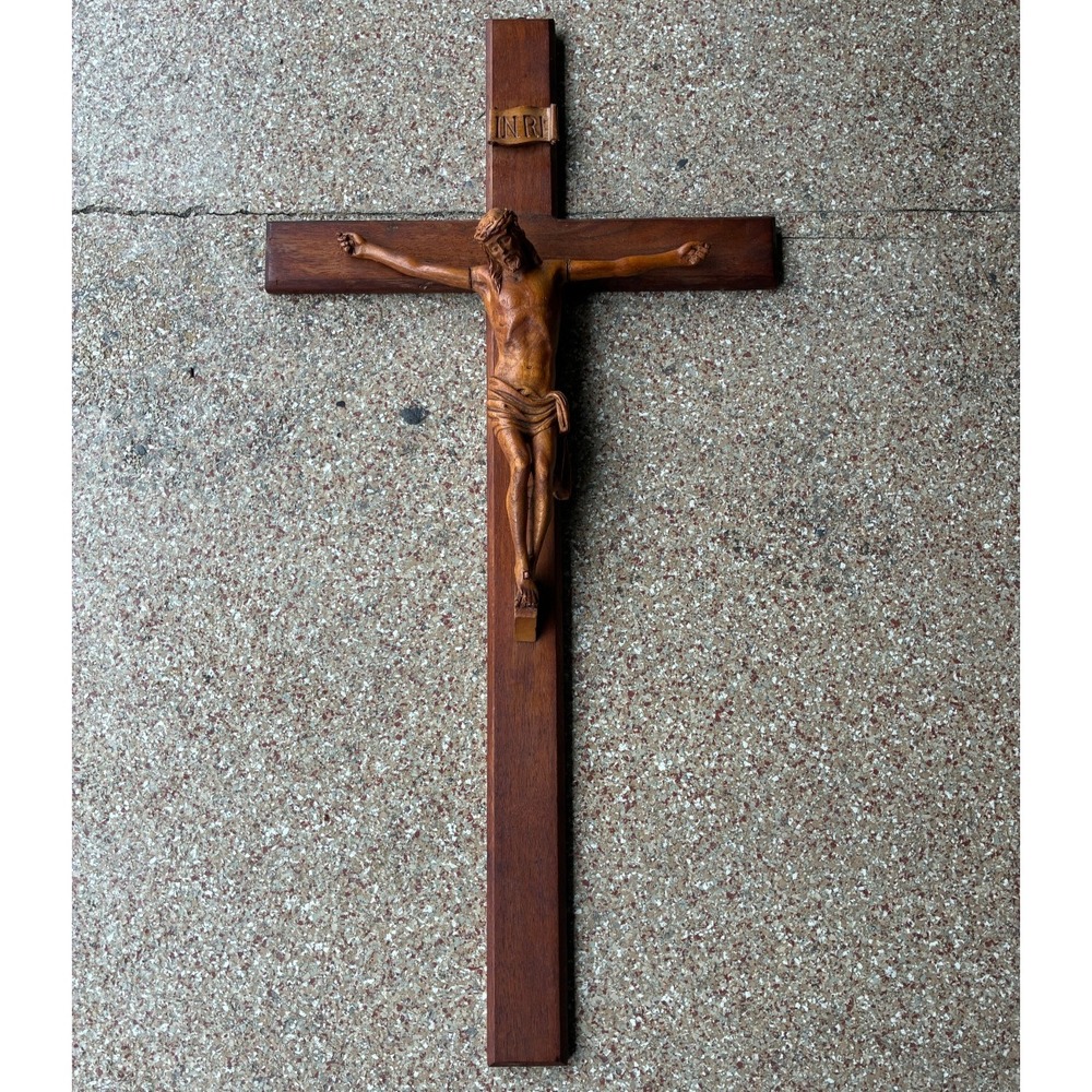Large Vintage Wood Wall Crucifix 32x16 Carved Corpus INRI Catholic Cross